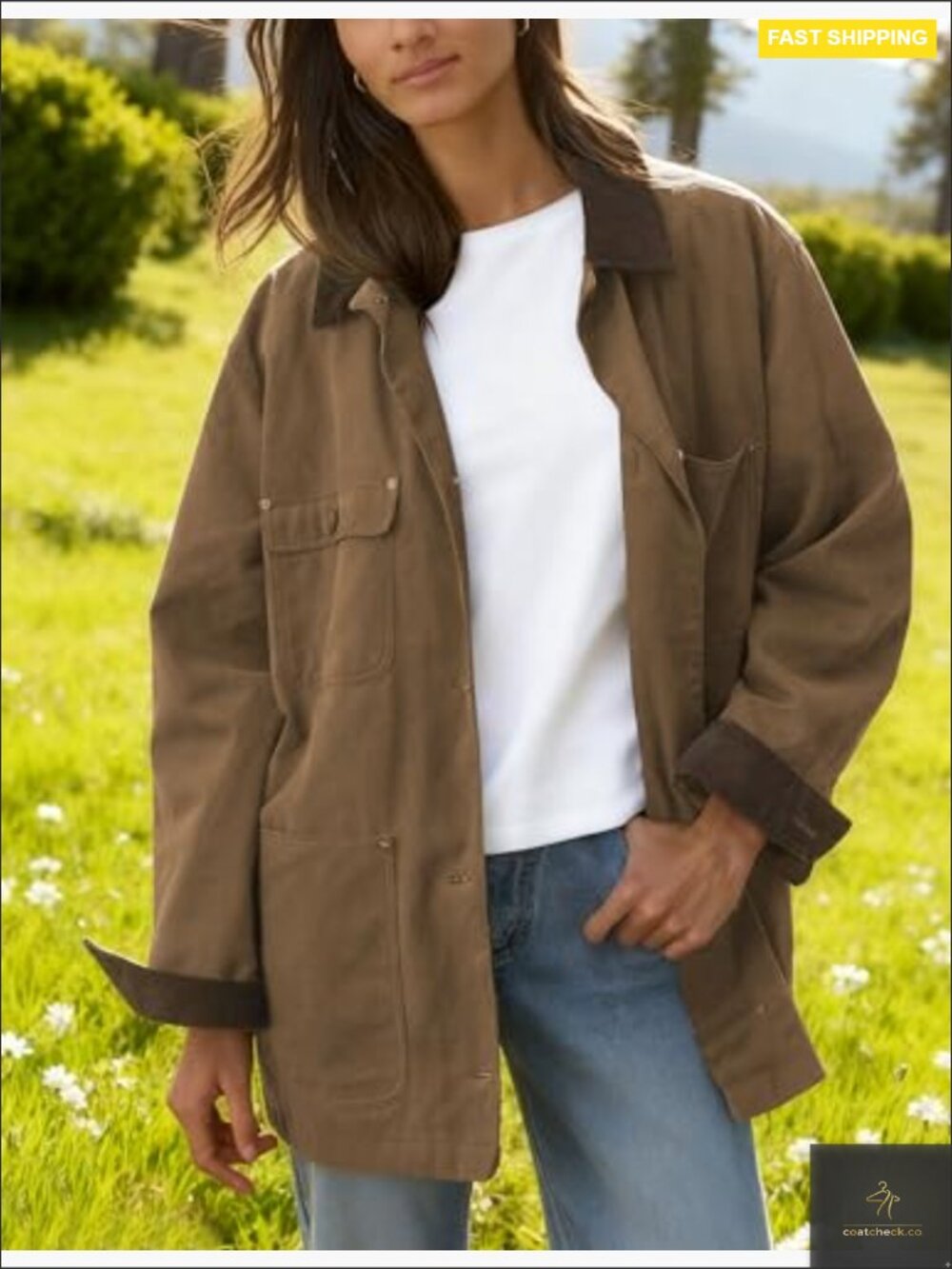 Oversized Utility Cotton Jacket Corduroy Collar Vintage Workwear Pockets - Picture 4 of 7